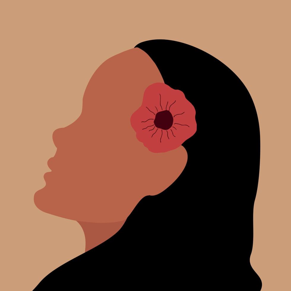 Abstract woman looking up. Hand drawn  female profile face silhouette with a red flower in her hair. Minimal design. Vector art