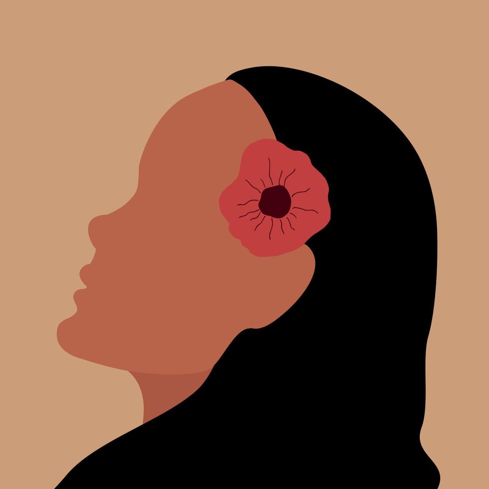 resumen mujer mirando arriba. mano dibujado hembra perfil cara silueta con un rojo flor en su cabello. mínimo diseño. vector Arte