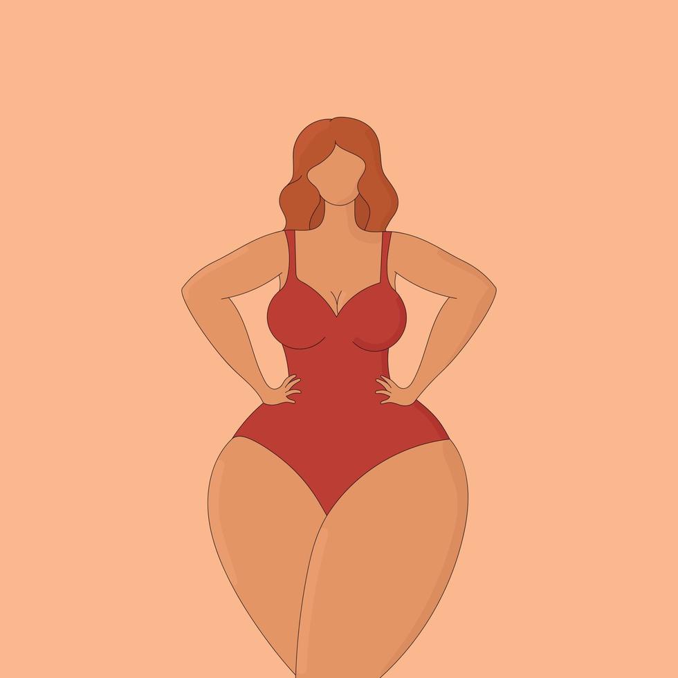 Abstract faceless curvy female in a red swimsuit. Body positive and female beauty. Hand drawn vector art