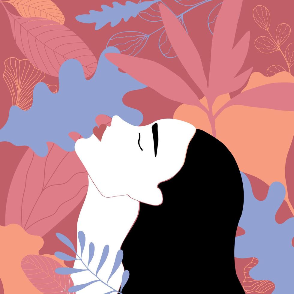 Woman in profile with her head turned up on a background of various bright flowers. Female beauty and nature. Hand drawn vector art
