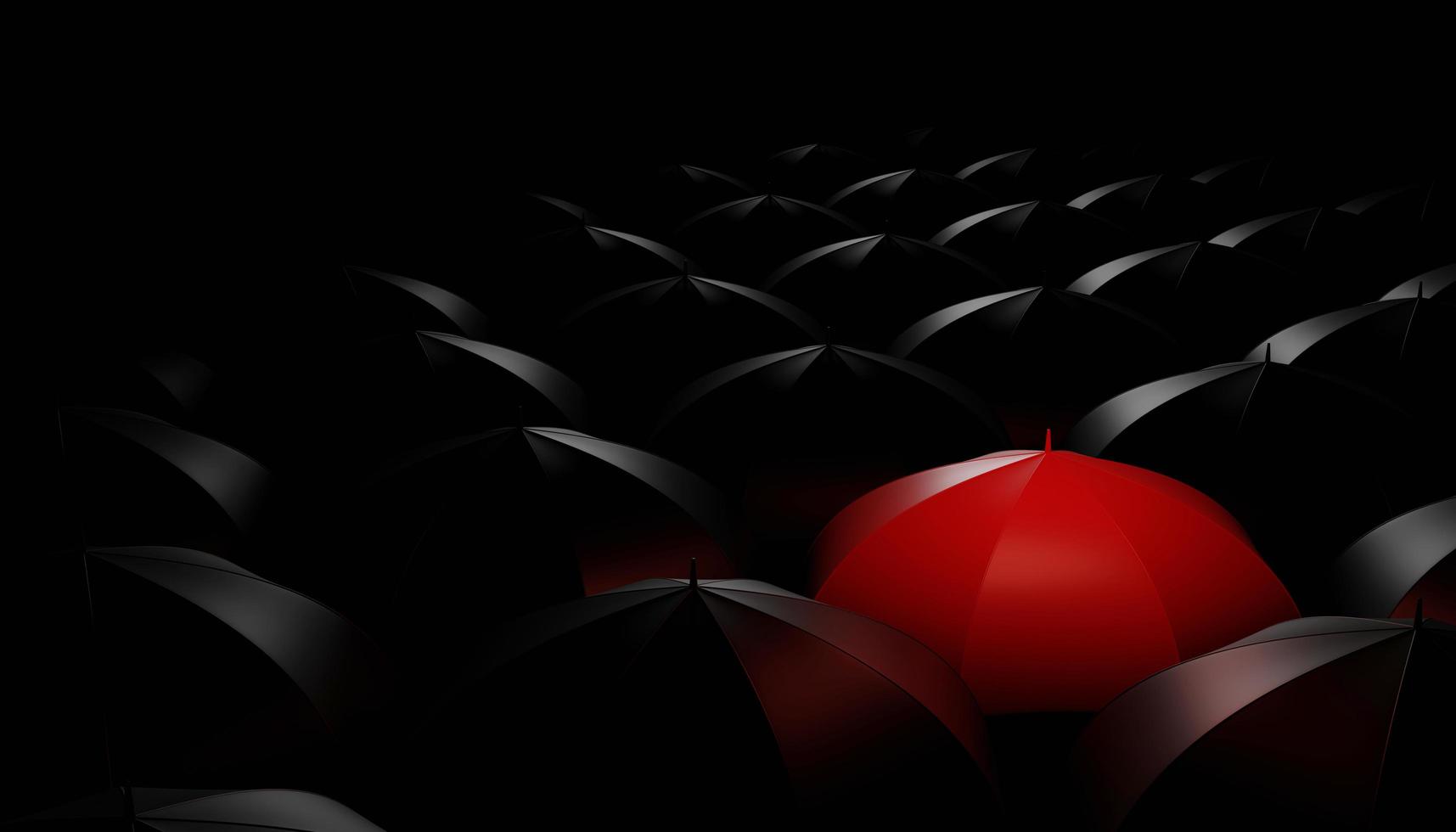 3d concept abstract different business red umbrella among black umbrella dark background. 3d illustration render photo