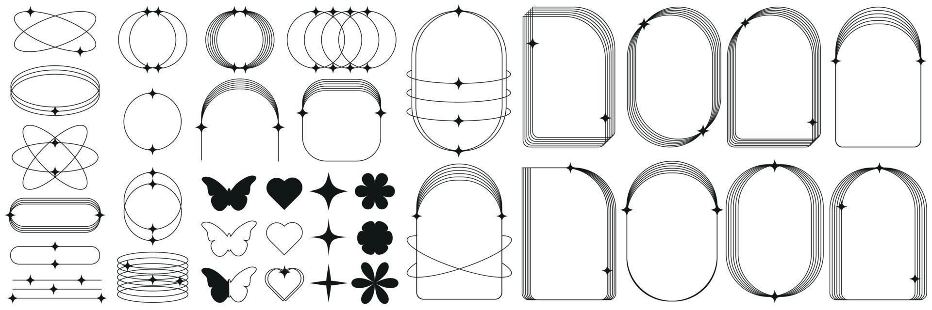 un conjunto de geométrico formas, marcos, corazones, mariposas, flores, formas en un de moda retro estilo de el años 2000 moderno minimalista arqueado marco con lentejuelas de moda diseño elementos para pancartas, social. vector