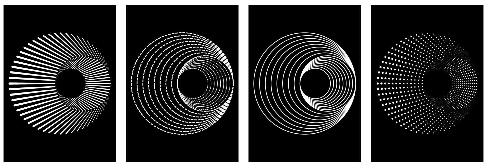 A set of optical 3D posters in white and black colors. Set in Y2K style. Hipster graphic objects for logo, design, icons, posters. vector