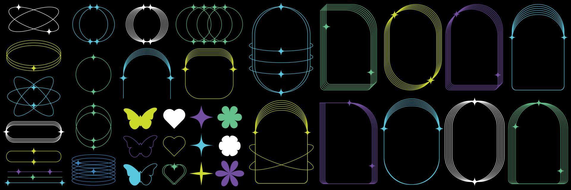 Modern minimalist aesthetic line elements, trendy linear frames with stars, geometric forms. Arch frame with sparkles for social media or poster design, simple decorative boho style border vector set.