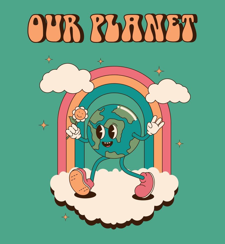 Clásico póster, diseño plantilla, tarjeta postal con caminando contento tierra planeta personaje con nuestra planeta letras vector ilustración.