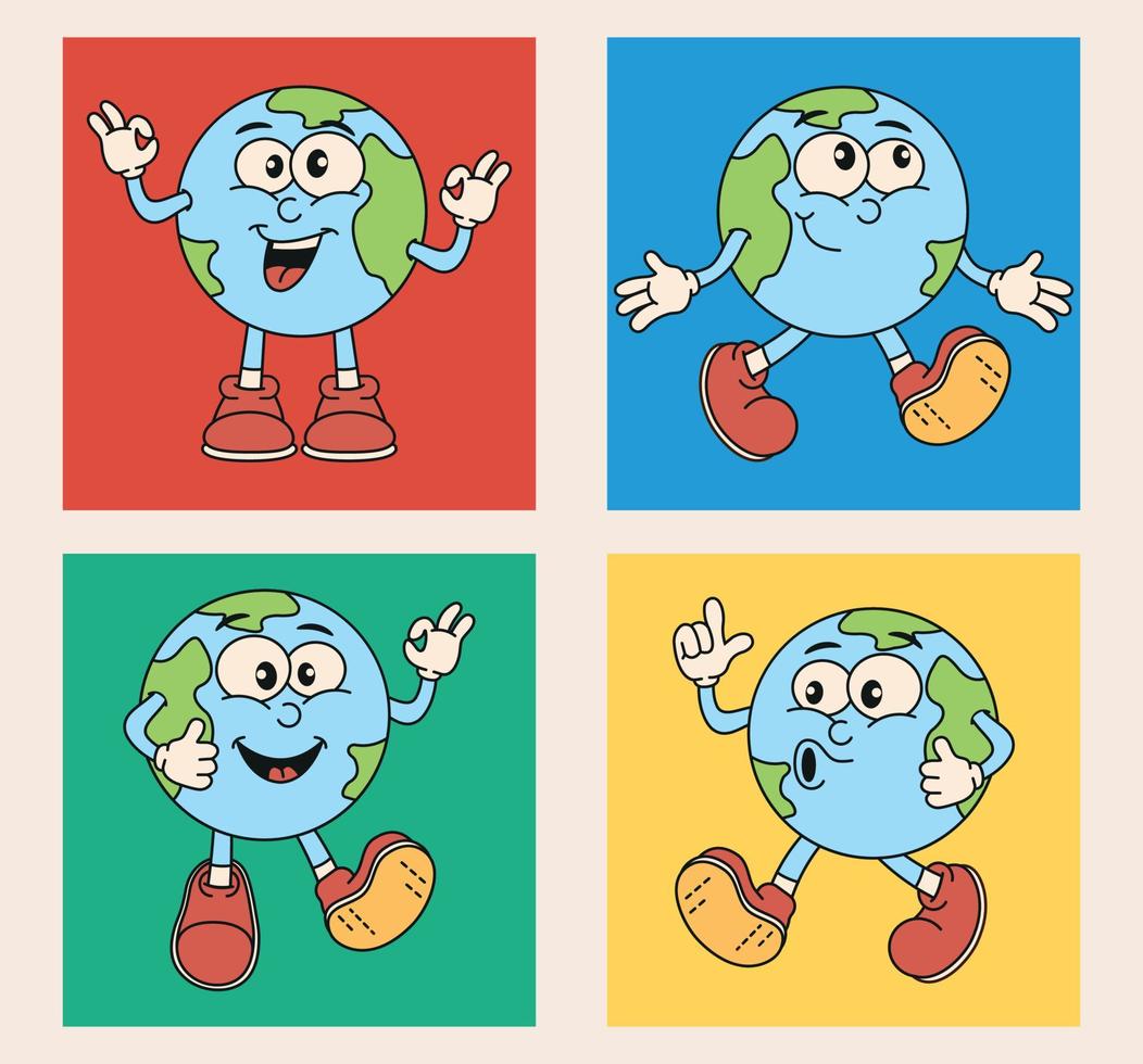 vistoso pegatinas de planeta tierra en maravilloso retro cómic estilo. Clásico modelo para gráfico huellas dactilares en camisetas en vibrante colores. ecológico ambiente concepto. vector