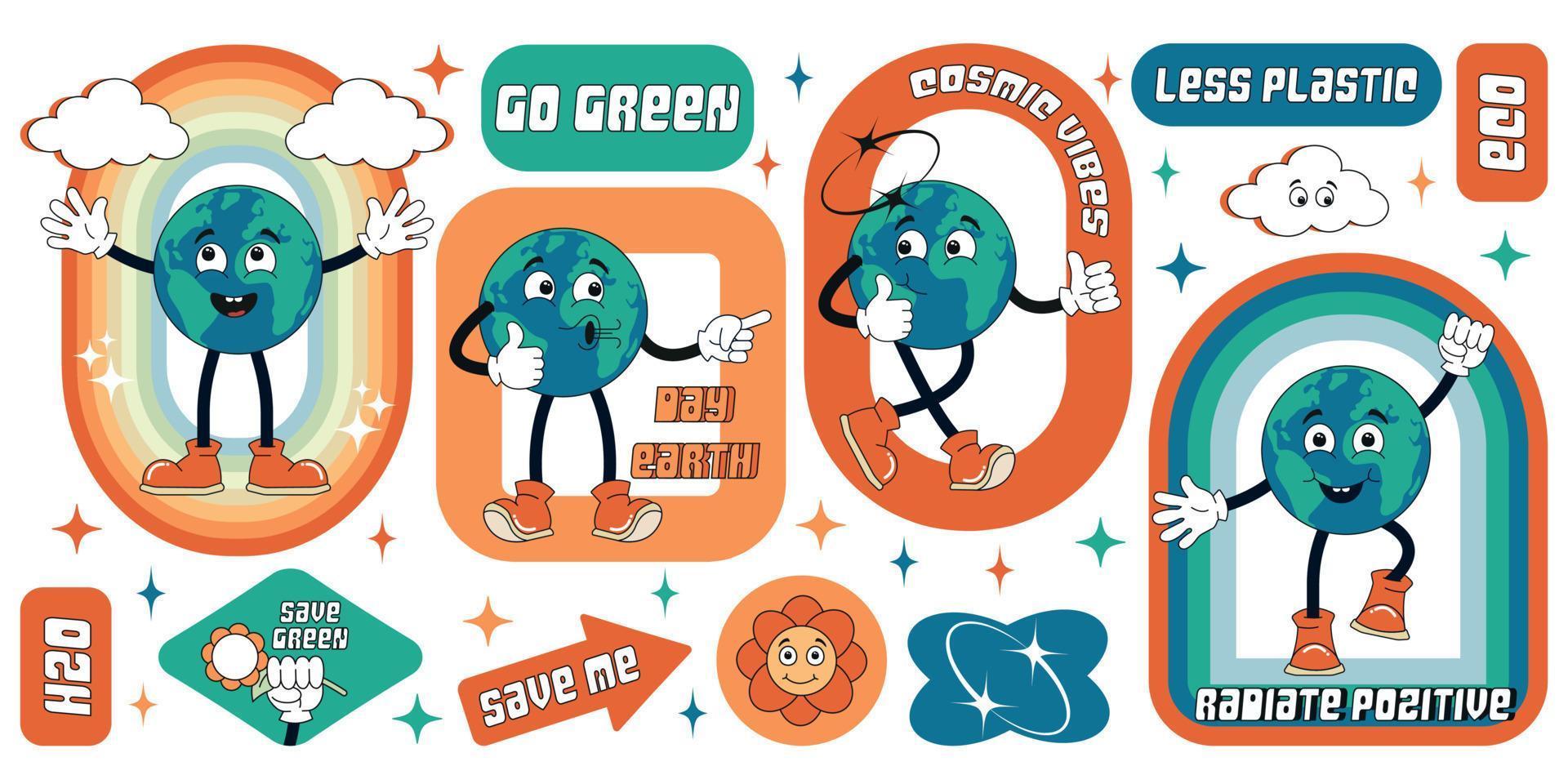 Planet stickers in 70s retro cartoon style. Fashionable, bright colors for printing. Posters, banners for the holiday Earth Day. World Environment Day vector