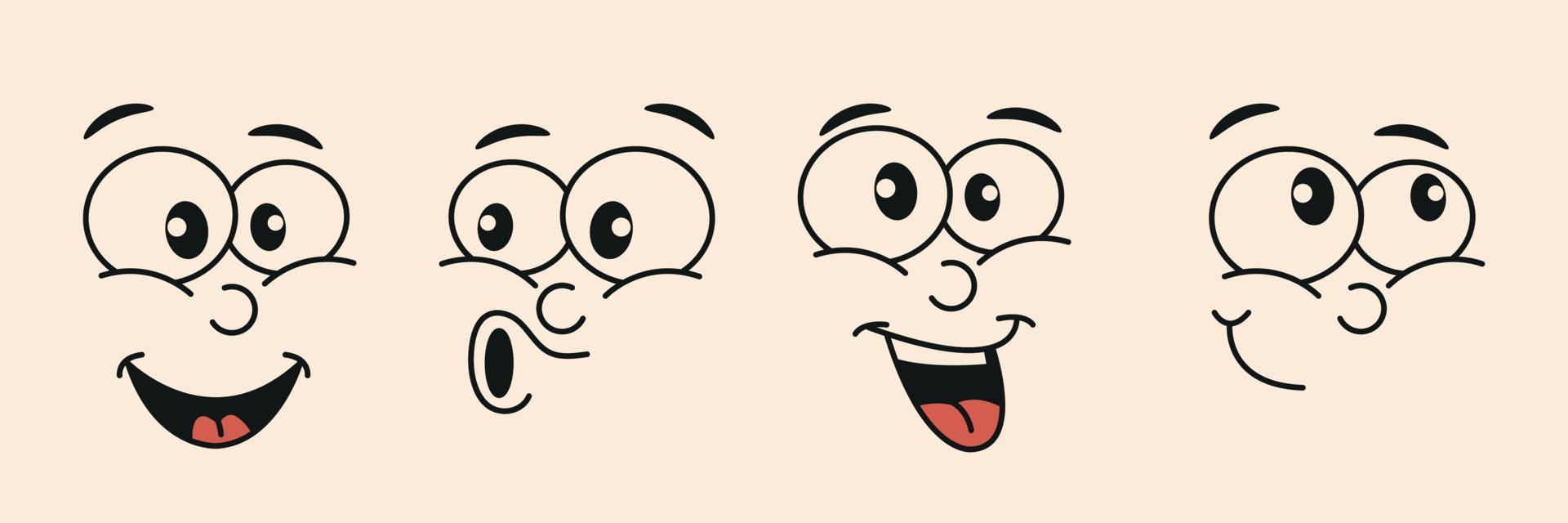 Template of clockwork cartoon muzzles, faces. Funny, groovy, happy, emoticon with eyes and a smile. Vector illustration.