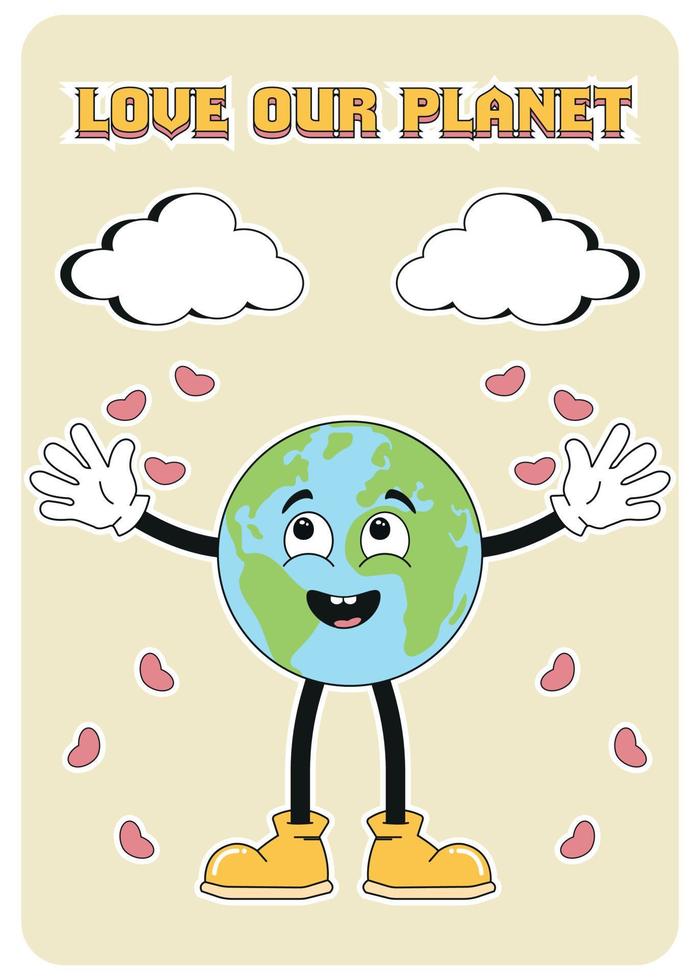 Retro planet in trendy retro cartoon groovy style. Groovy planet for stickers, banners, posters, design. World Environment Day. vector
