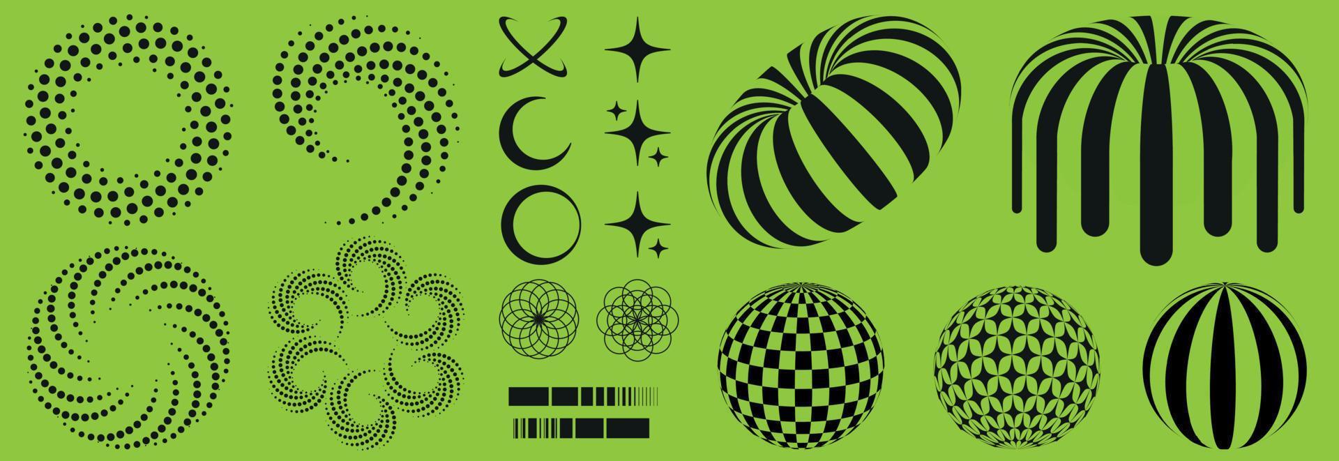 Acid psychedelic retro set in trendy 90s style. Surreal geometric shapes circles, donuts, stars, balls, earth, zebra. vector