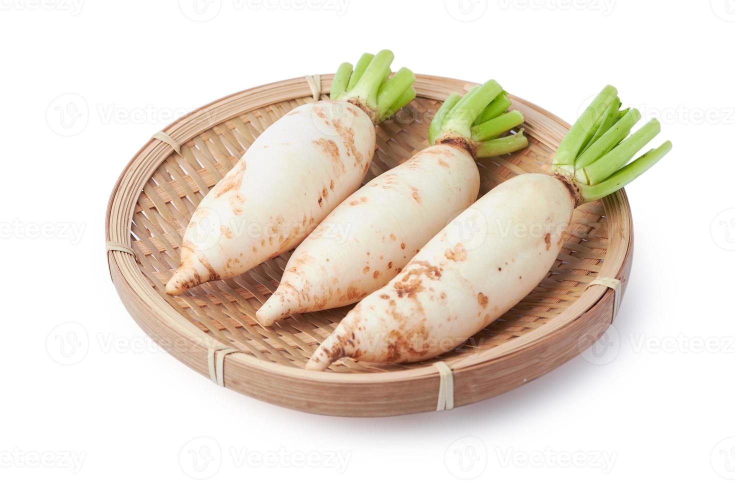 baby white radish in dish isolated on white background with clipping path photo