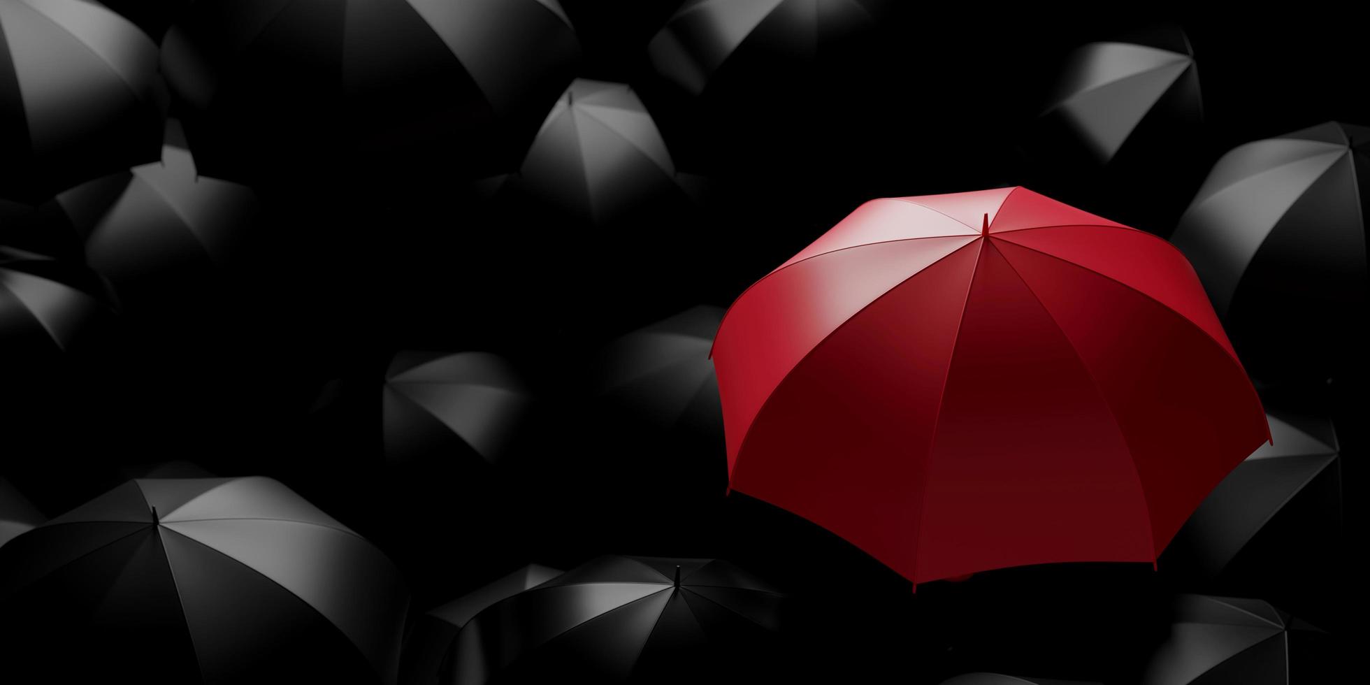 3d concept abstract different business red umbrella among black umbrella dark background. 3d illustration render photo