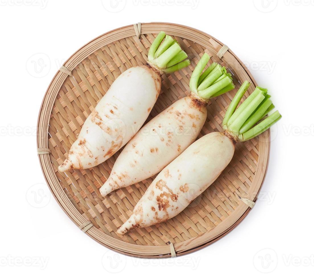 top view baby white radish in dish isolated on white background with clipping path photo