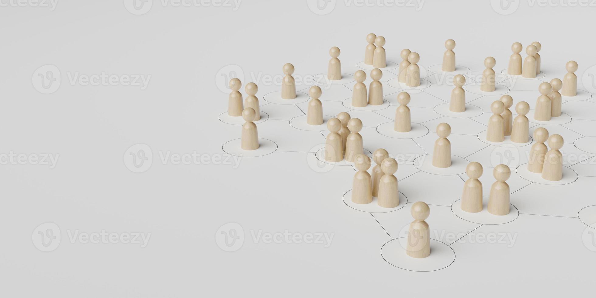 concept of human people resource management and recruitment business. Social network connection. Group society communication. Wooden people with structure on white background. 3d illustration photo