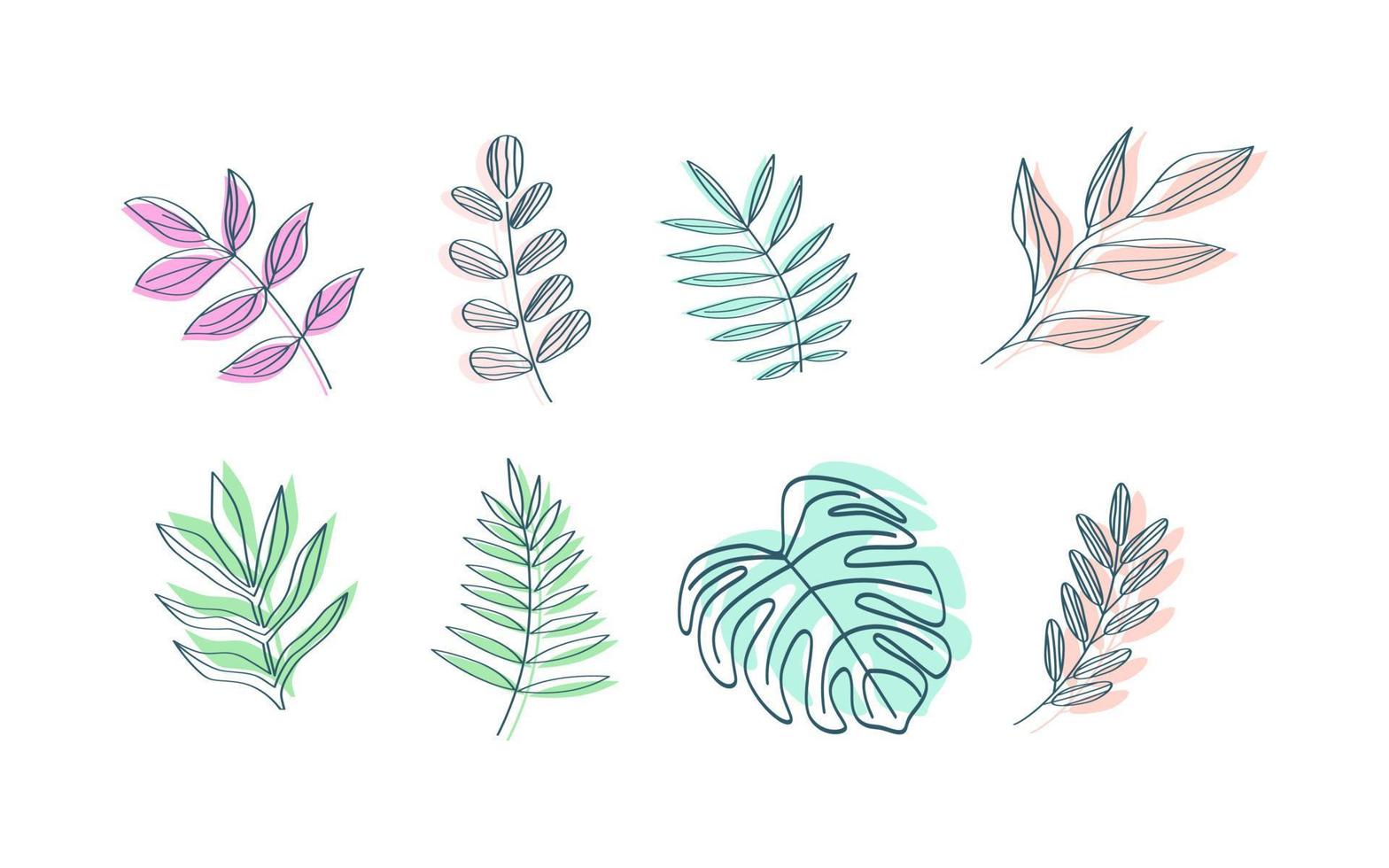 Flat design of linear leaves and flowers vector