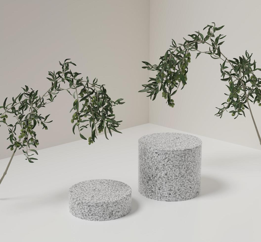 white granite rock podium or stone stage and leaves branch for presentation cosmetic. mock-up stand product scene background. 3d podium stage illustration photo