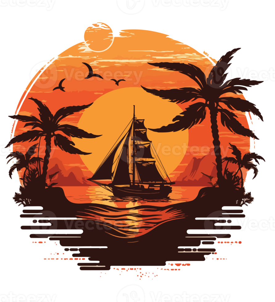 A beautiful tropical island with boat sunset and palm tree png