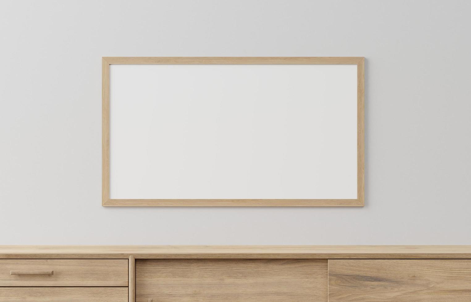 home modern wooden frame and cabinet mock up or blank close up on white wall background. frame mockup. 3d illustration photo