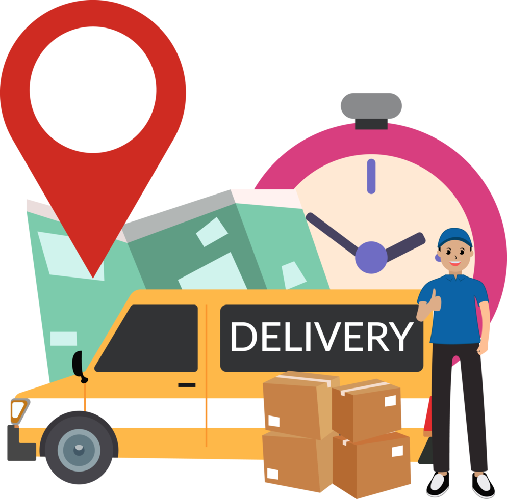 delivery courier. delivery couriers using map cars and clocks. concept of delivering goods on time png