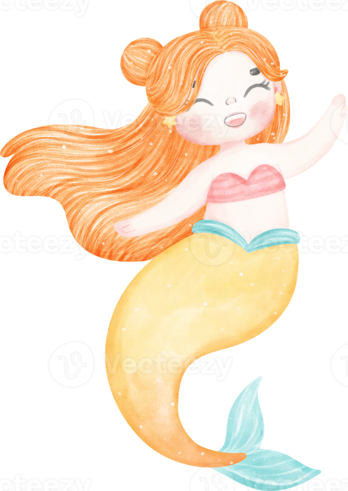 Cute colorful watercolor little mermaid kid cartoon character hand painting png