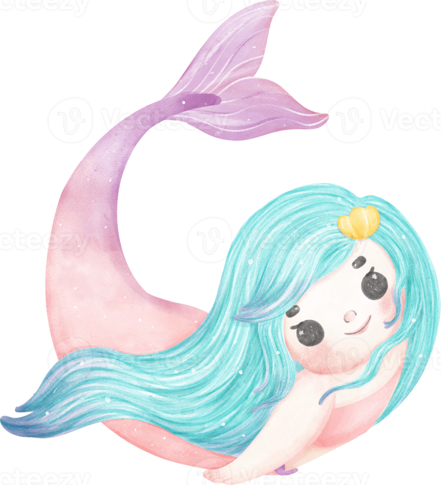 Cute colorful watercolor little mermaid kid cartoon character hand painting png