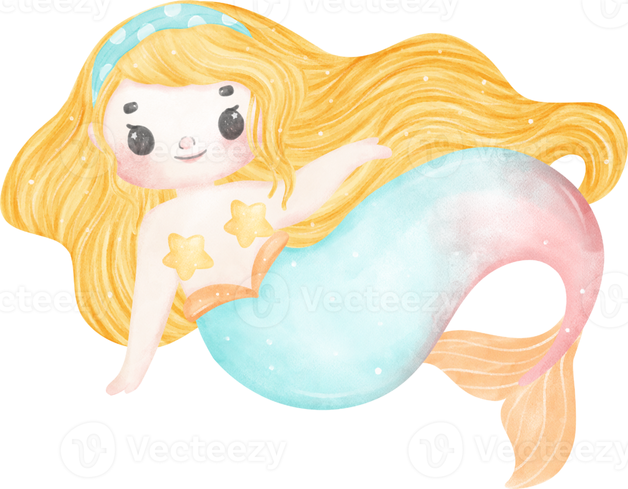 Cute colorful watercolor little mermaid kid cartoon character hand painting png