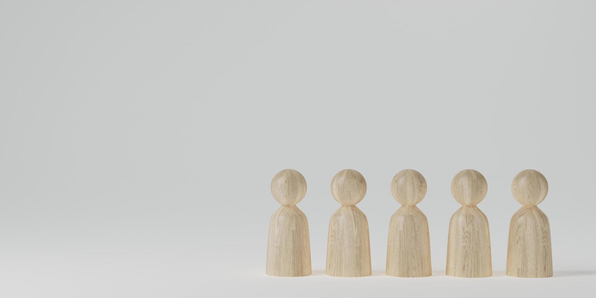 concept of human people resource management and recruitment business. Social network connection. Group society communication. Wooden people with structure on white background. 3d illustration photo