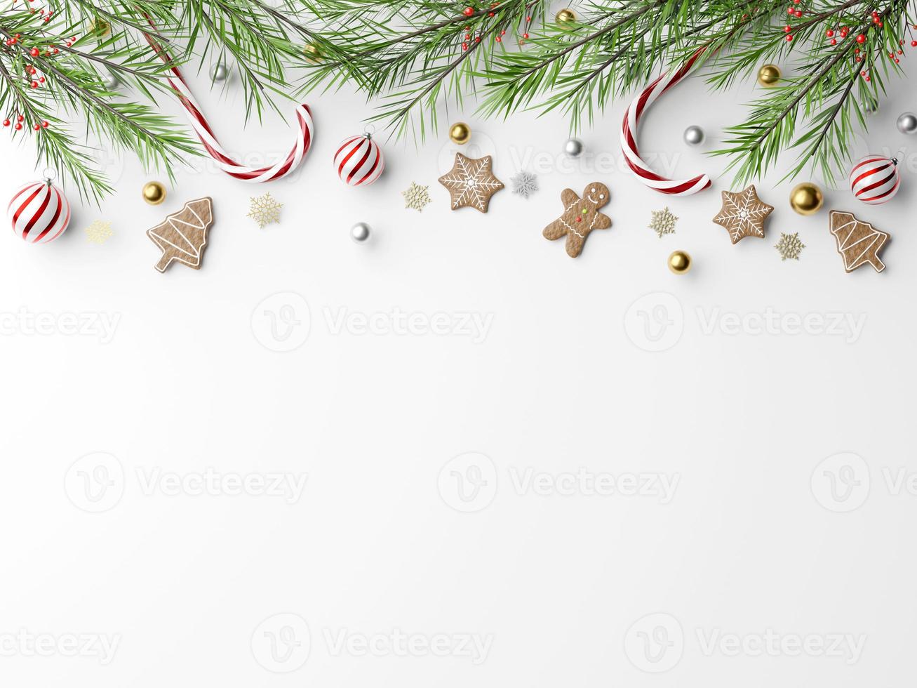 Navidad o contento nuevo año Navidad. blanco antecedentes Navidad 3d chuchería pelotas, Brillantina oro. Navidad póster, saludo tarjetas plano poner, parte superior vista. Navidad 3d hacer ilustración foto