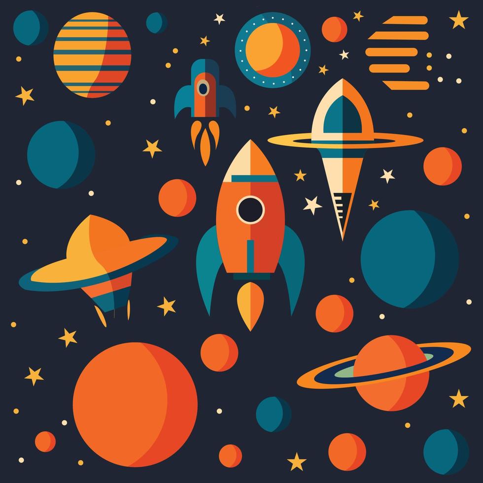 A set of colorful space rockets on a dark background. vector