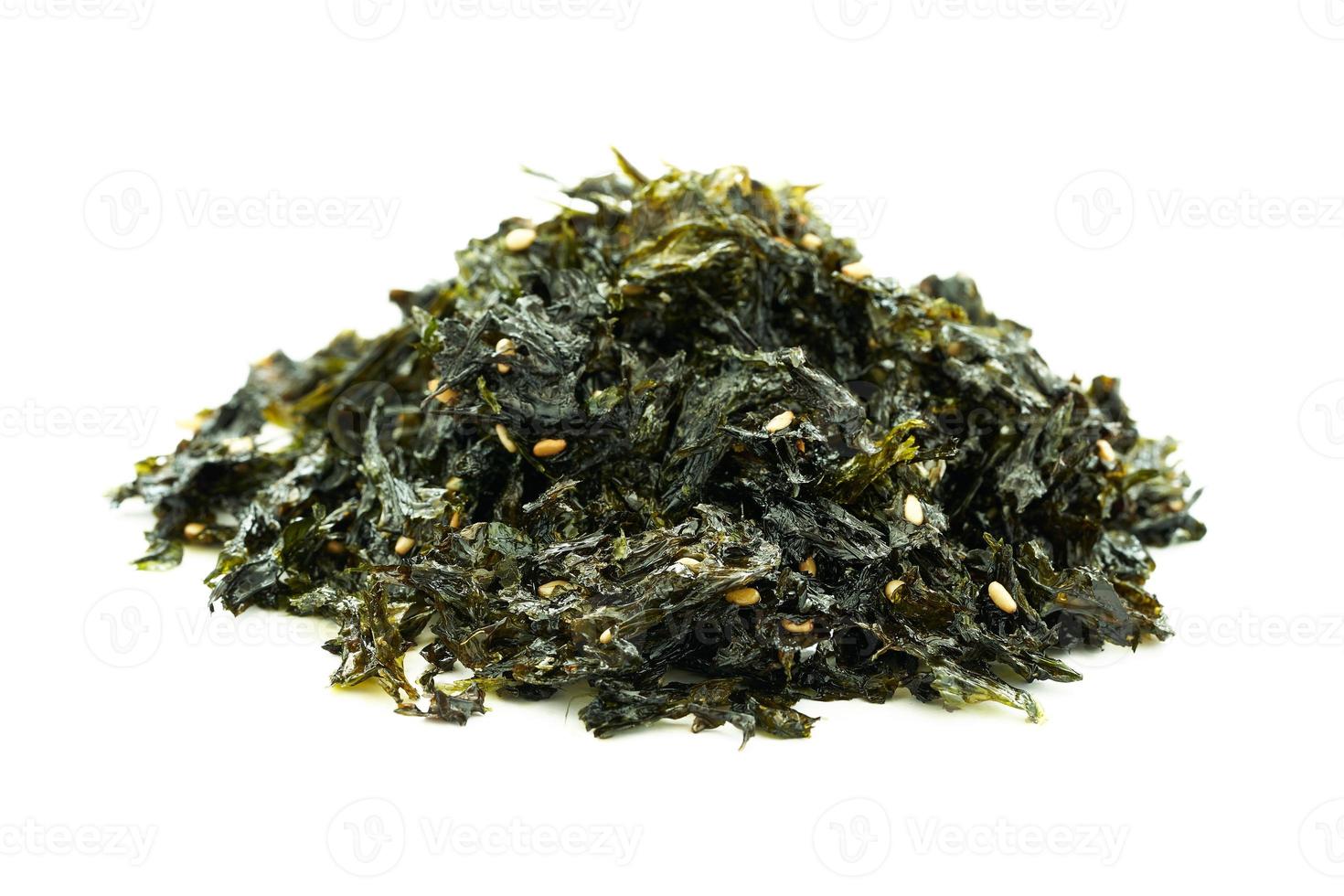 roasted nori seaweed and sesame topping isolated on white background. nori laver seaweed crispy isolated on white background. Gim, laver, nori, isolated photo