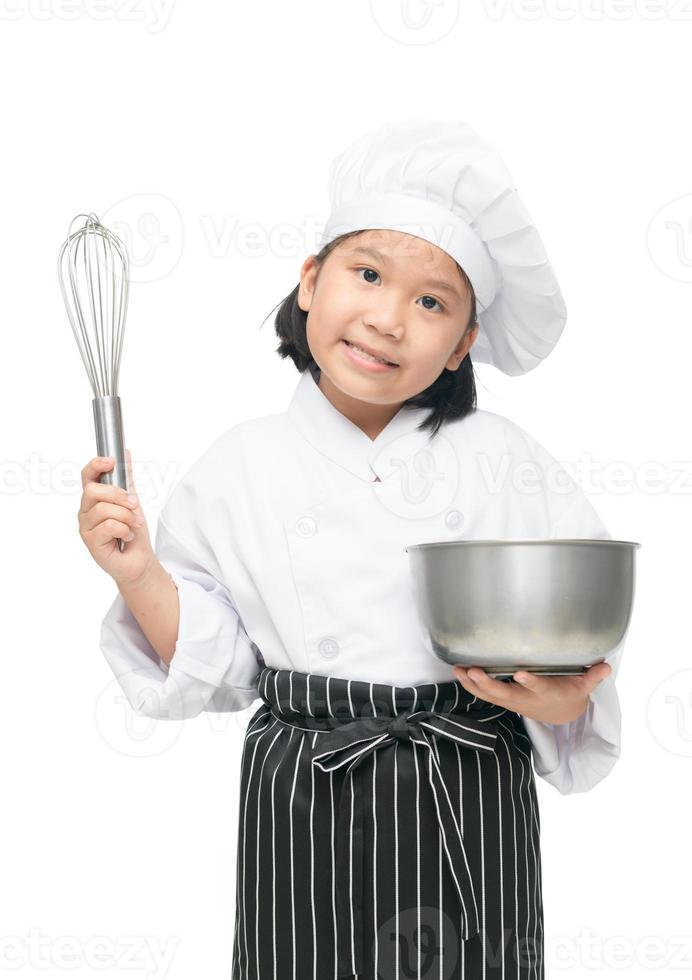 cute asian girl chef holding whisk with bowl photo