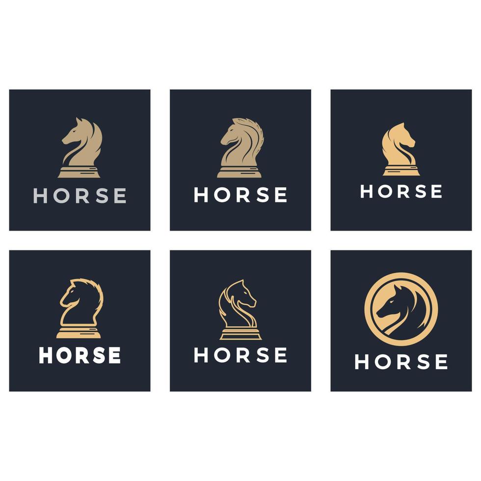 Chess strategy game logo with horse, king, pawn, minister and rook. Logo for chess tournament, chess team, chess championship, chess game application. vector