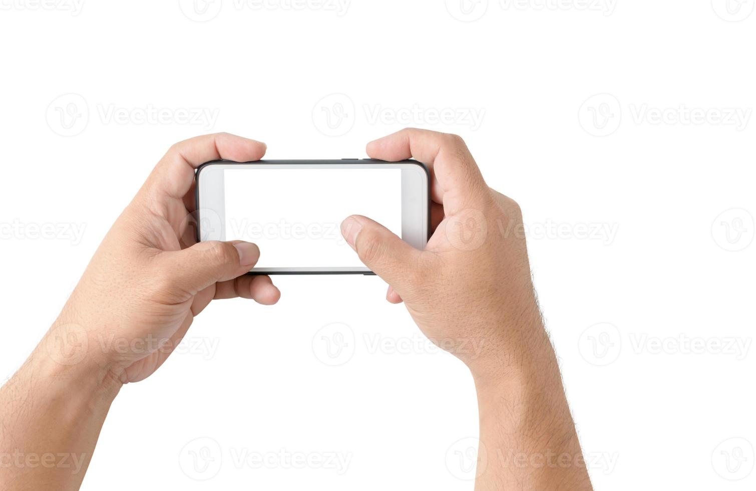 Two hands holding  smart phone with blank white screen photo