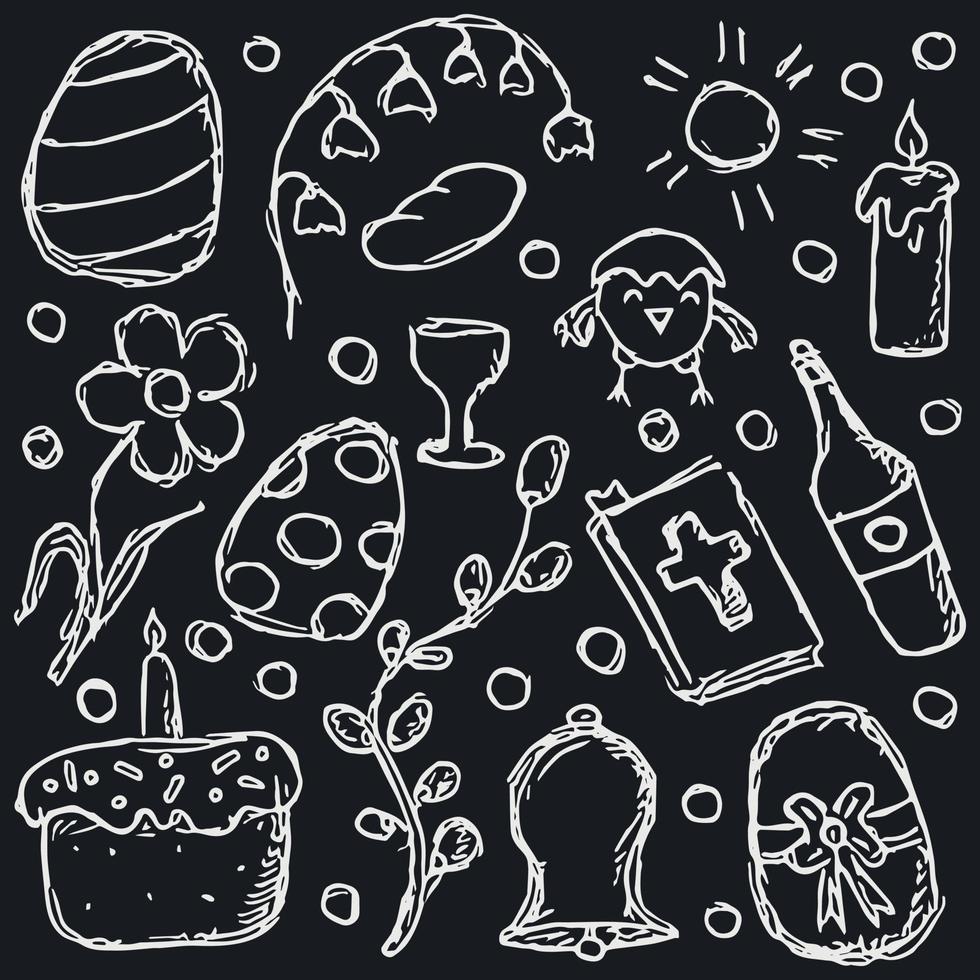 Easter icons. Easter background with easter egg, chicken, wine, flowers, Easter cake vector