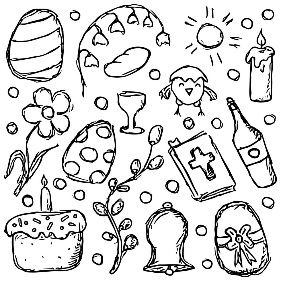 Easter icons. Easter background with easter egg, chicken, wine, flowers, Easter cake vector