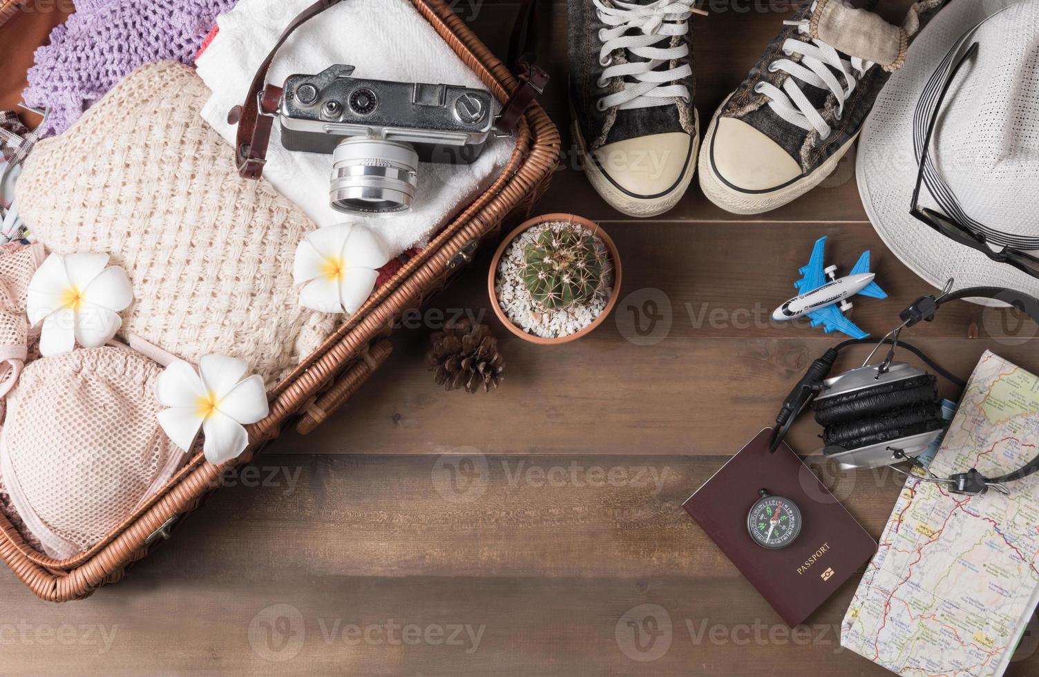 Travel accessories costumes. Passports, luggage, vintage camera photo