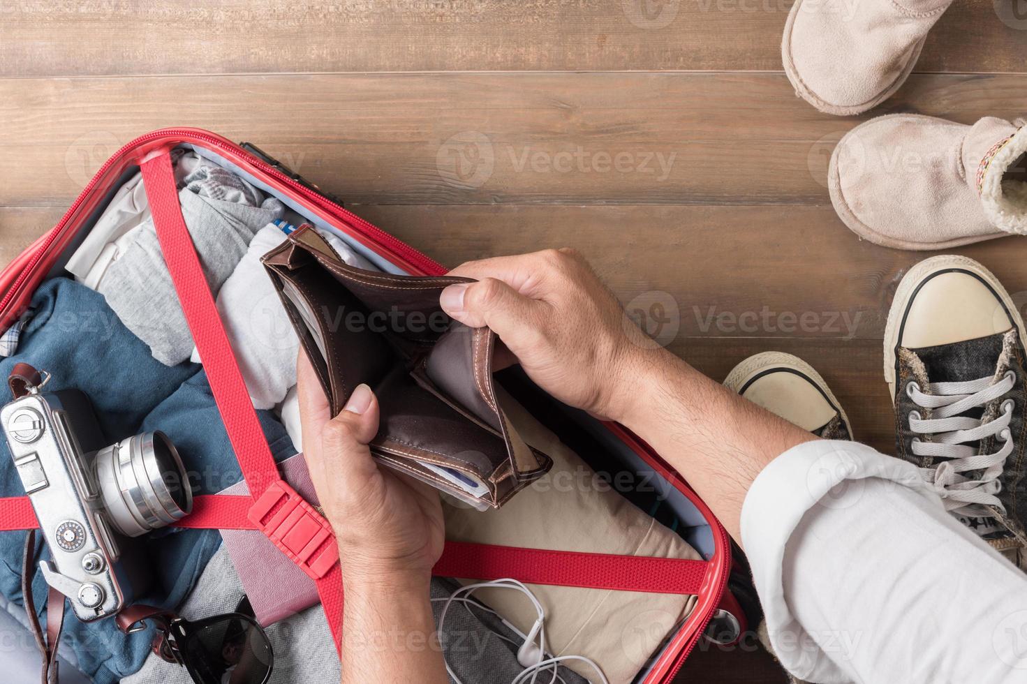 Empty wallet in the hand man on Travel accessories  background photo
