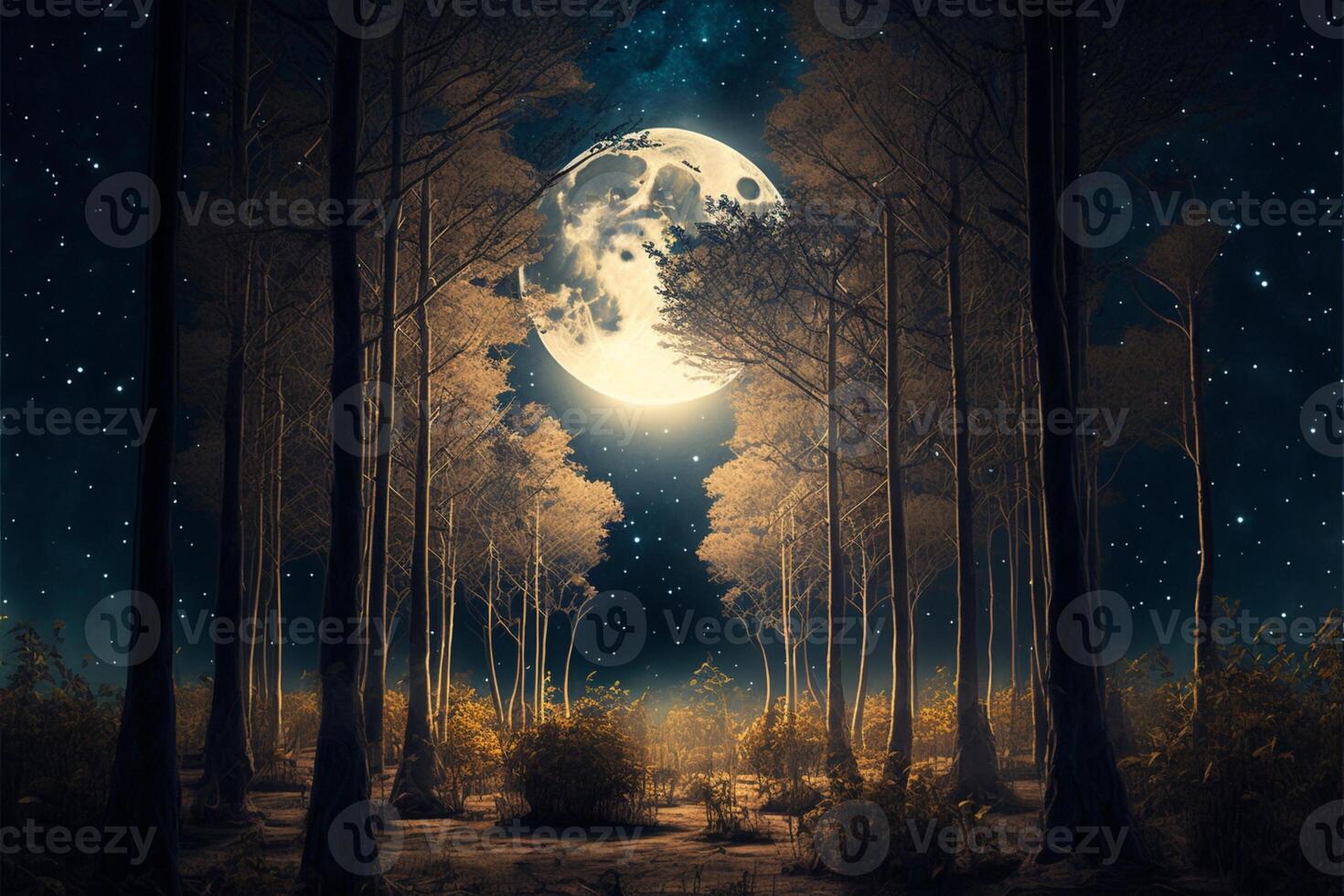 bosque con salida de la luna Entre el arboles noche cielo Luna. generativo ai foto