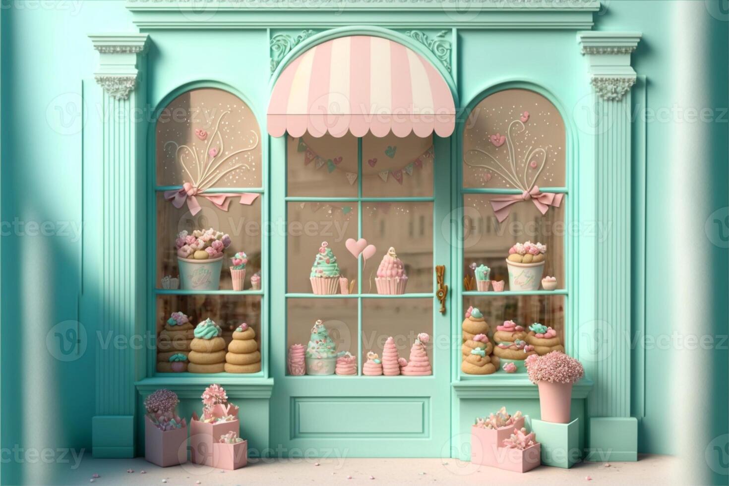 sweet shop store digital background with flowers. photo