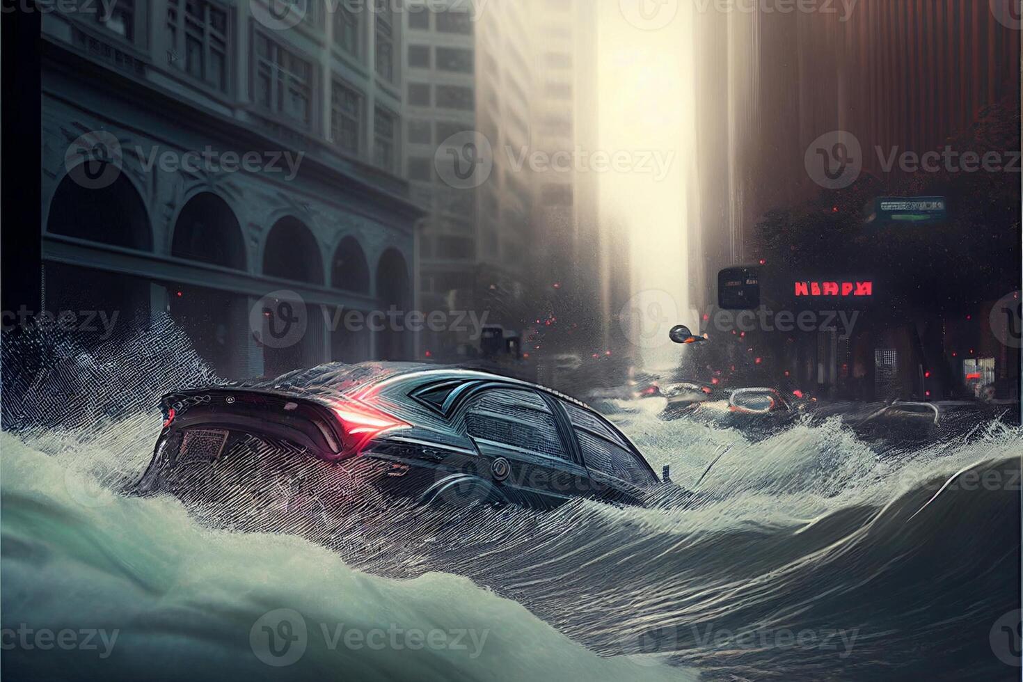 coche conducción mediante un inundado ciudad a noche. generativo ai. foto