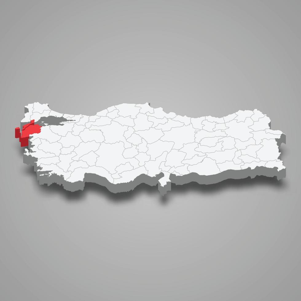 Canakkale region location within Turkey 3d map vector