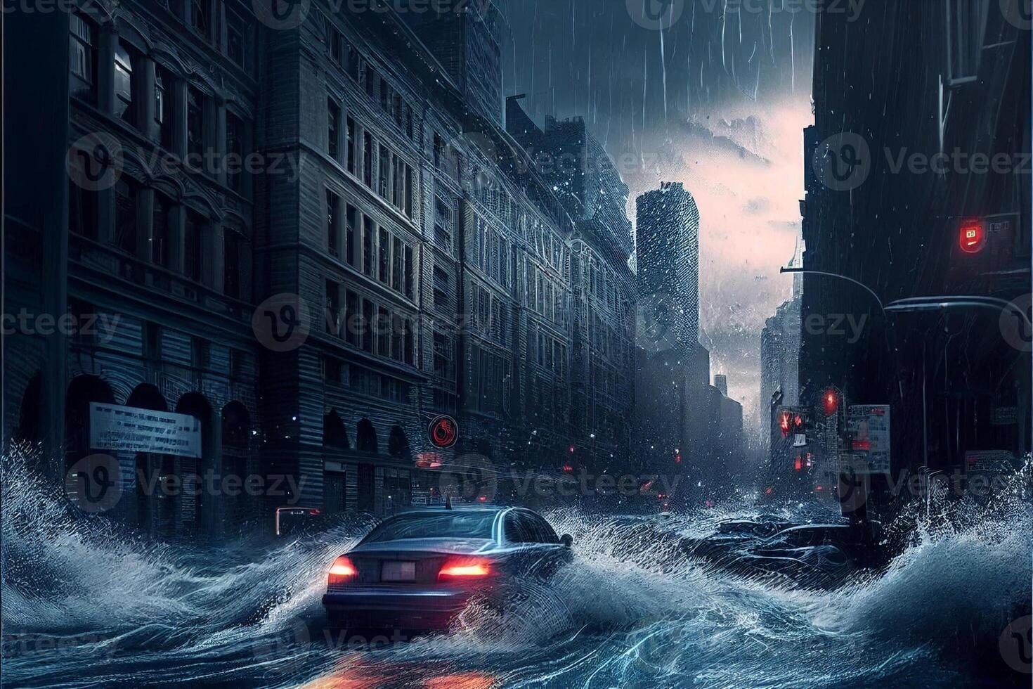 coche conducción mediante un inundado ciudad a noche. generativo ai. foto
