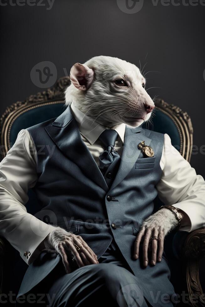 rat in a suit sitting in a chair. . photo