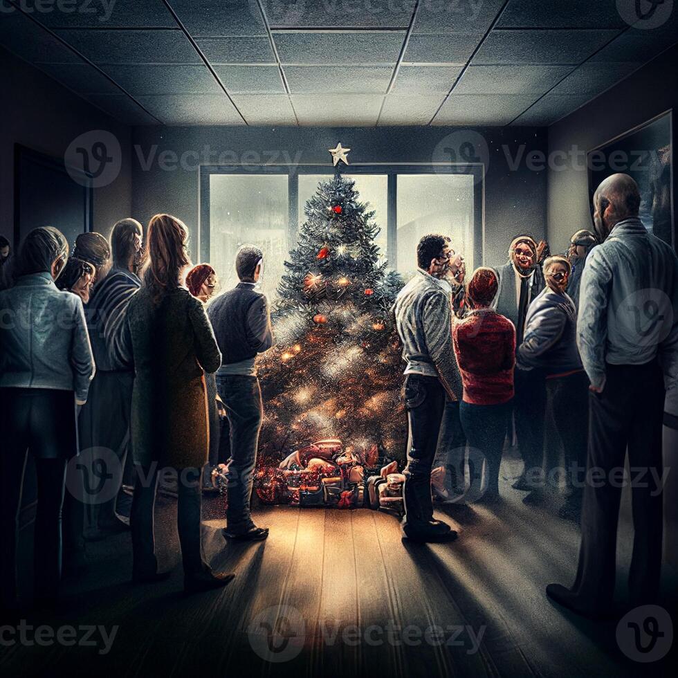 group of people standing around a christmas tree. . photo