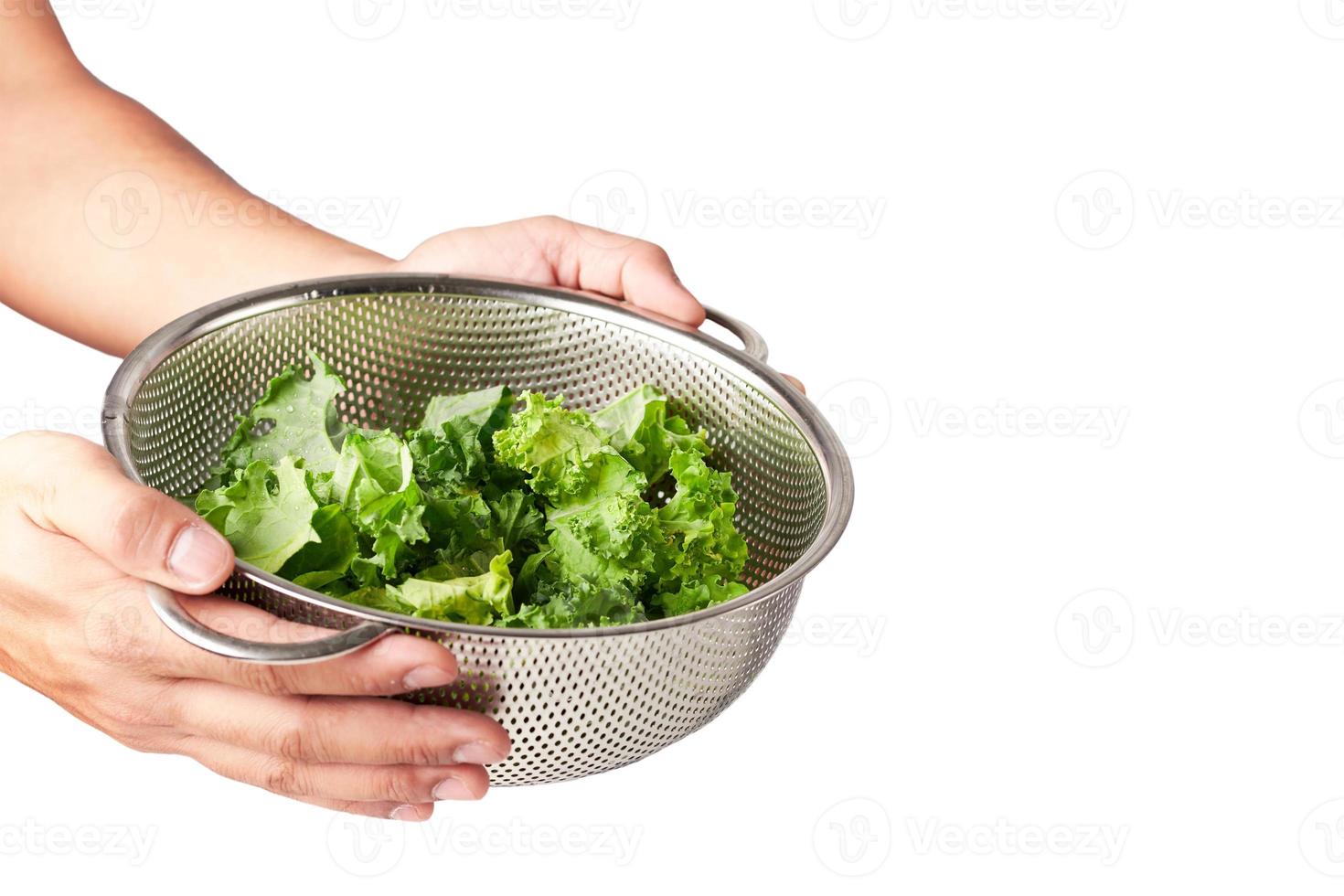 concept hand holding a washing bowl colander of fresh organic kale isolated on white background with clipping path and copy space photo