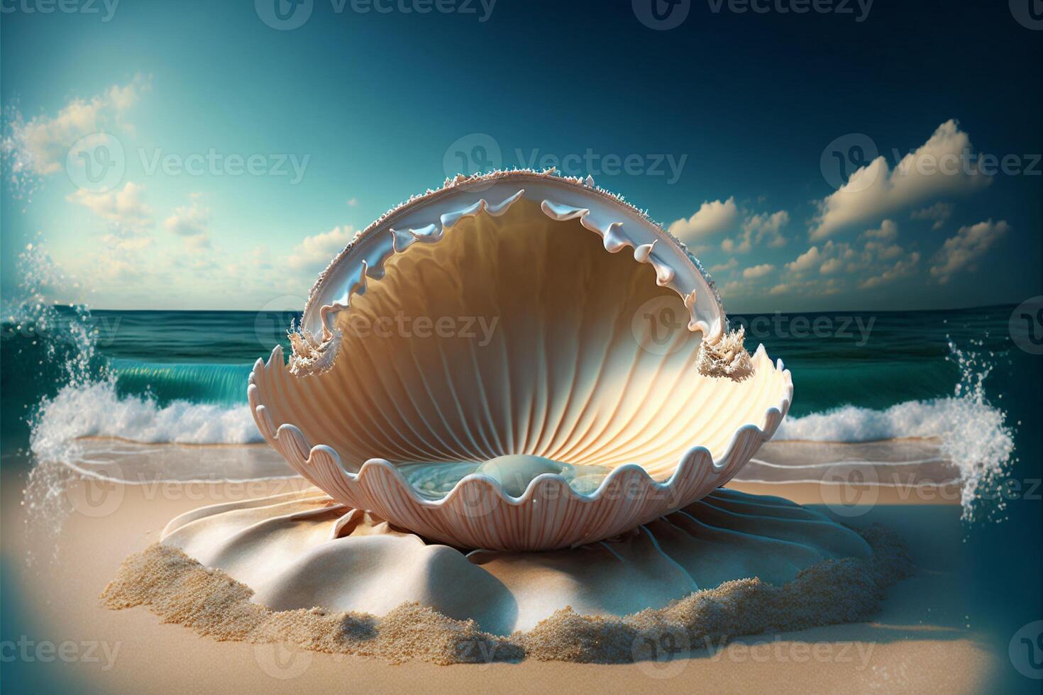 large open clam shell in middle with ocean background. photo