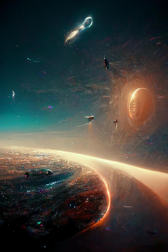 group of spaceships flying over a planet. . photo