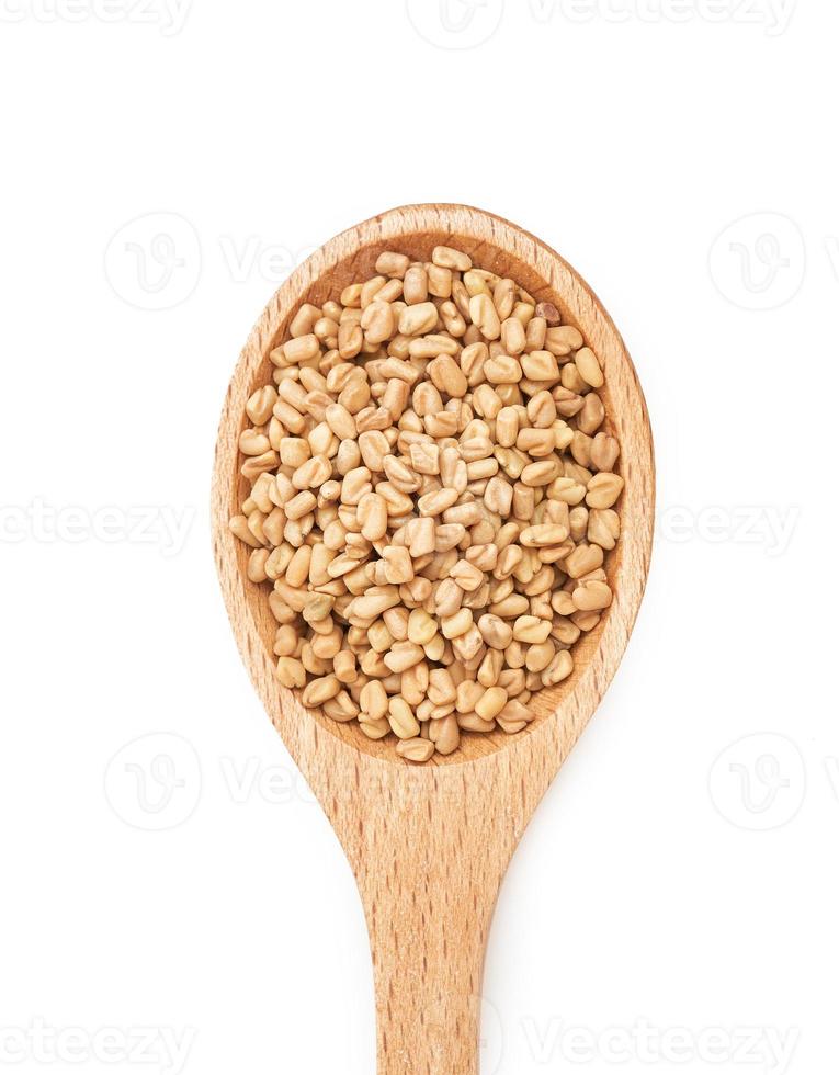 top view or flat lay fenugreek seed in wooden spoon isolated on white background. fenugreek isolated photo