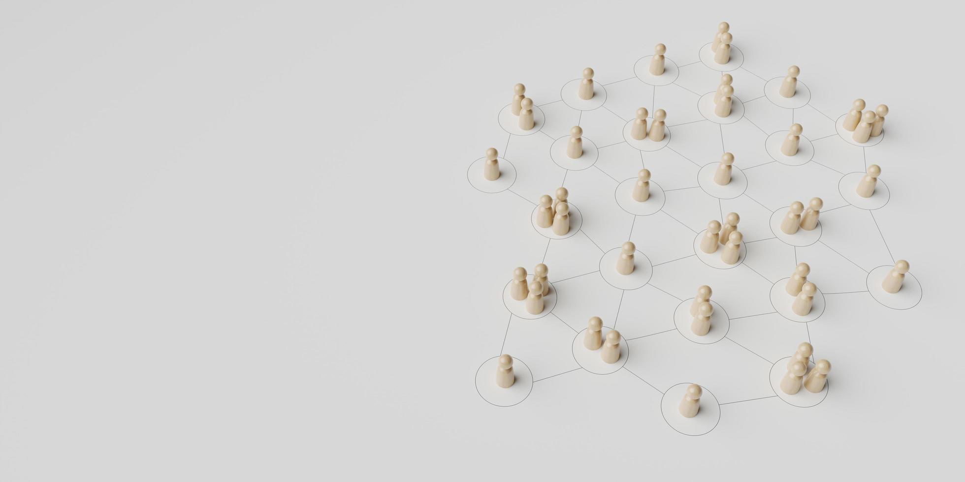 concept of human people resource management and recruitment business. Social network connection. Group society communication. Wooden people with structure on white background. 3d illustration photo