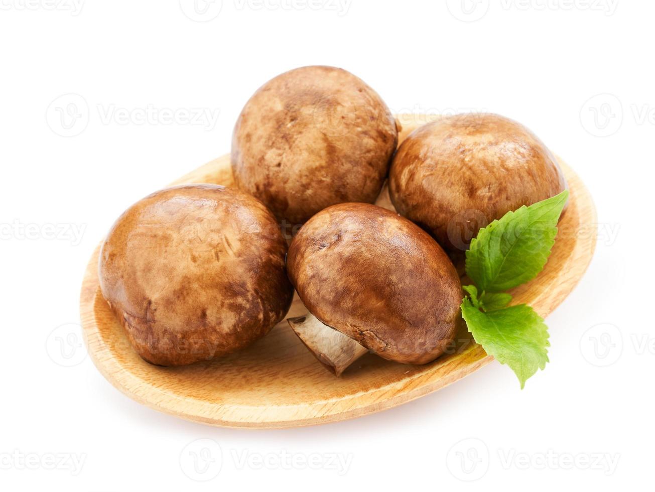 brown champignon button mushroom and green leaf in wood bowl isolated on white background. pile of brown champignon button mushroom. photo